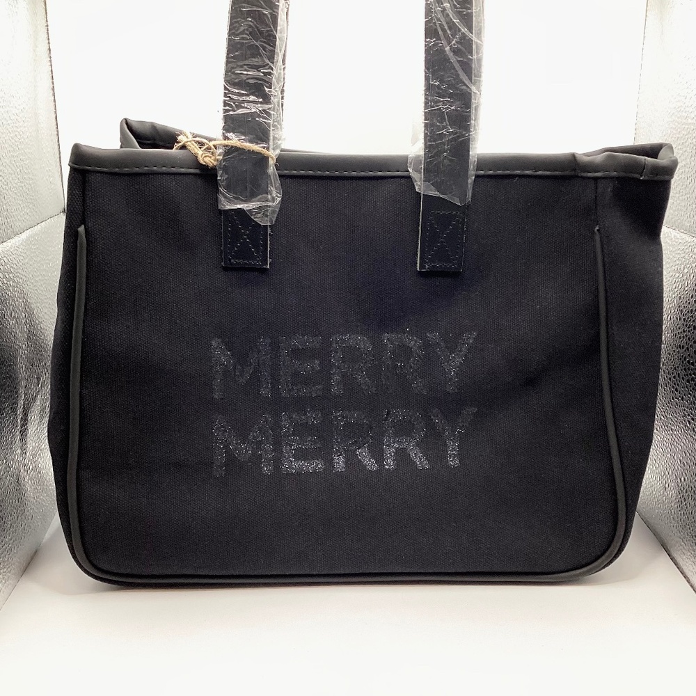 Mini Canvas Tote in Black: Merry Merry - New Genuine leather handles stitched t